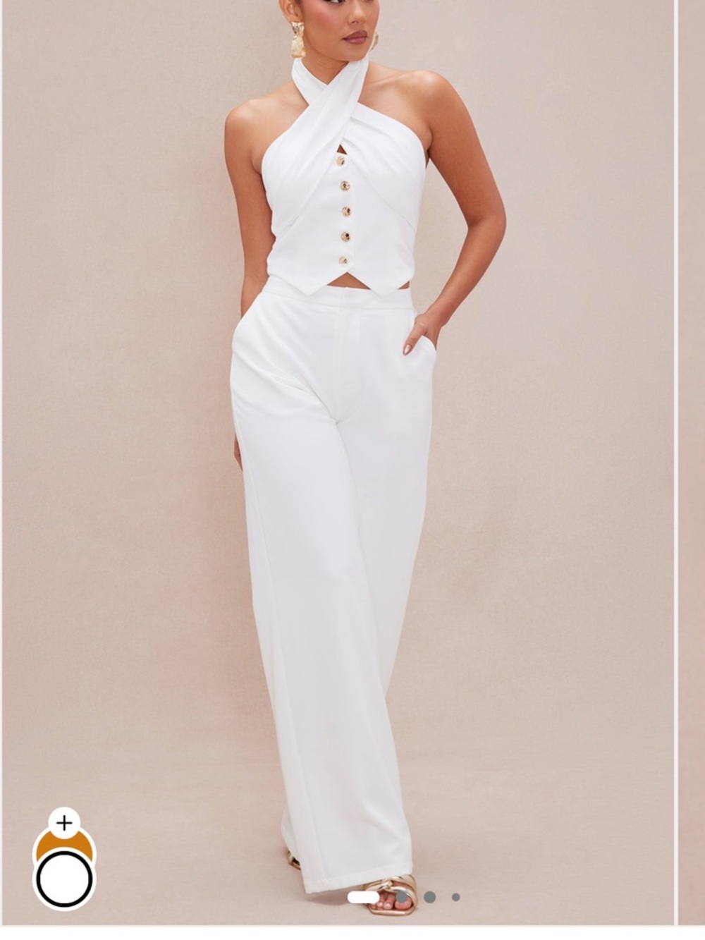 White Cross-Halter Wide-Leg Two-Piece with Gold Buttons